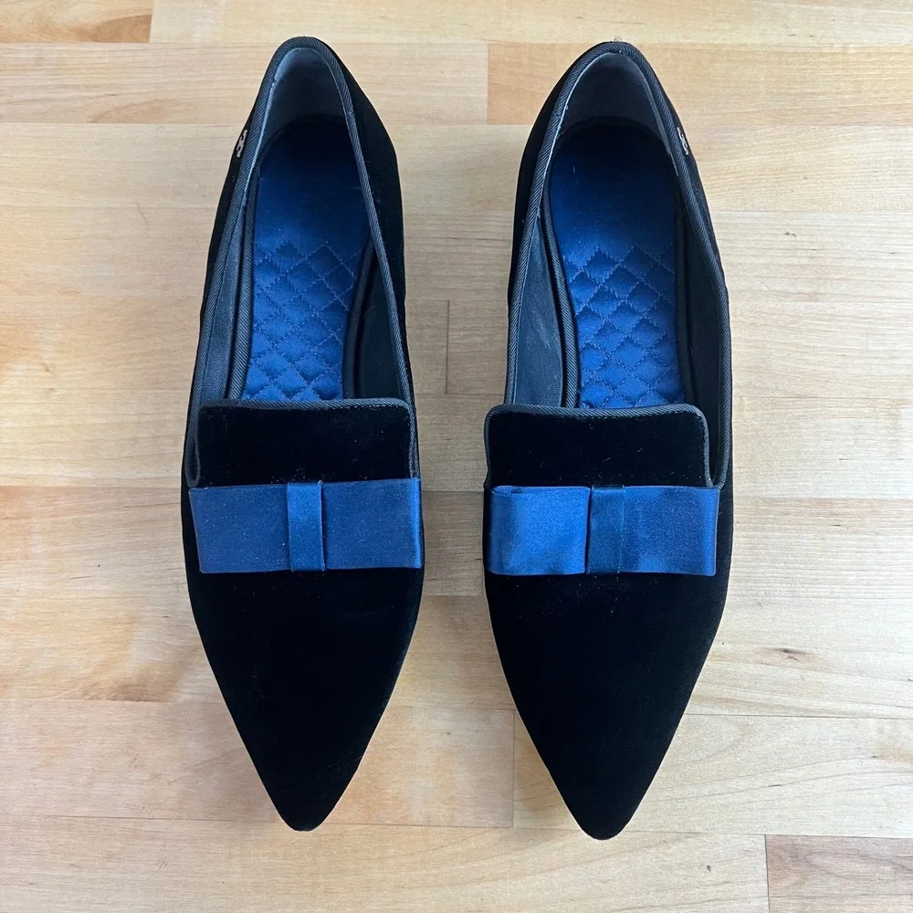 Tory Burch Loafers Gigi Navy Blue Velvet Bow Pointed Toe Slip On Flats Shoes 7.5